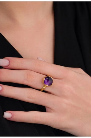 14 K Gold Kaplama 925 Ayar Gümüş Ultra Temiz Doğal Ametist Antik Yüzük