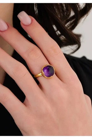 14 K Gold Kaplama 925 Ayar Gümüş Ultra Temiz Doğal Ametist Antik Yüzük