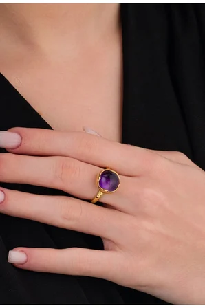 14 K Gold Kaplama 925 Ayar Gümüş Ultra Temiz Doğal Ametist Antik Yüzük