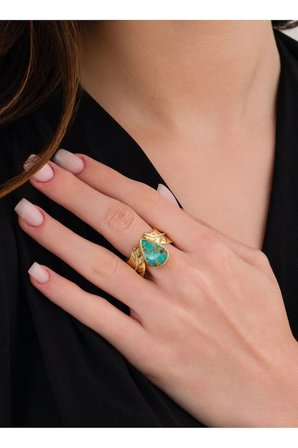 14 K Gold Kaplama 925 Ayar Gümüş Doğal Turkuaz Antik Tasarım Yaprak Yüzük