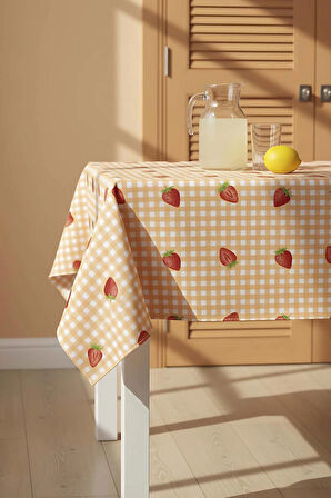 Pötikare Çilek Desenli Turuncu Masa Örtüsü, Sofra Bezi, Piknik Örtüsü