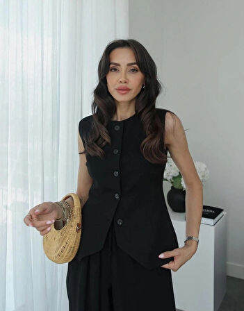 kadın bisiklet yaka önü düğmeli siyah carine yelek