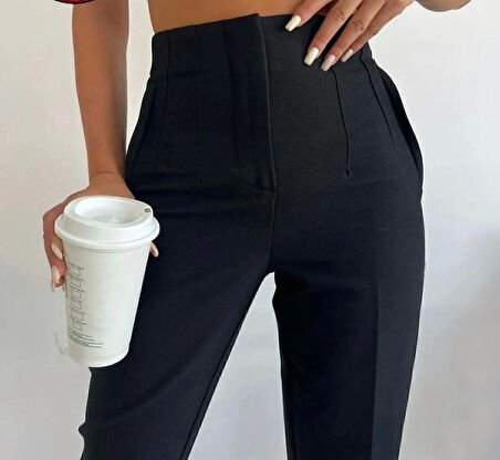 kadın yüksek bel,pensli havuç paça premium kalite siyah pantolon