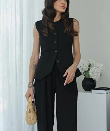 kadın siyah bisiklet  yaka önü düğmeli carine model yelek