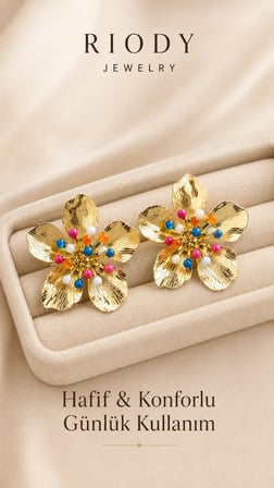 RiODY Rainbow Bloom Gold Renkli Taşlı Büyük Çiçek Küpe