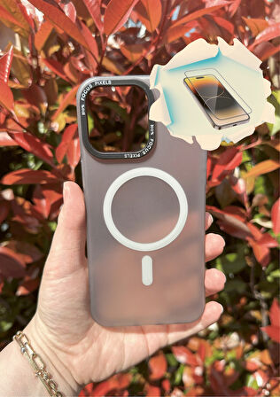 iPhone 15 Pro Max Uyumlu Magsafe özellikli Kaliteli Sararmaz Gri Kılıf - Kırılmaz Cam Hediyeli