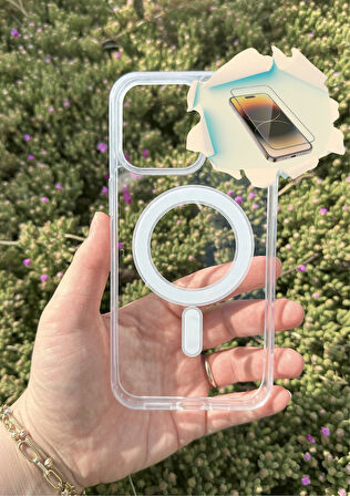 iphone 15 Pro Max Uyumlu Şeffaf Magsafe özellikli Kaliteli Sararmaz Şeffaf Kılıf - Kırılmaz Cam Hediyeli