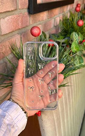 iPhone 14Uyumlu Fiyonk ve İncili Kaliteli Şeffaf Kılıf - Kırılmaz Cam Hediyeli