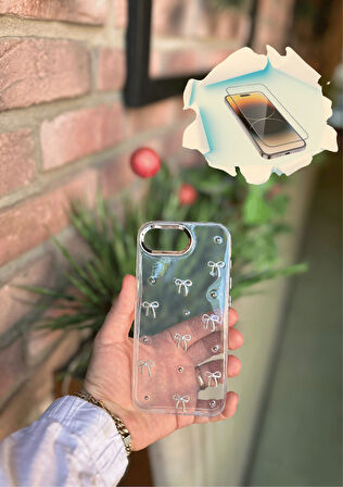 iPhone 16E Uyumlu Fiyonk ve İncili Kaliteli Şeffaf Kılıf - Kırılmaz Cam Hediyeli