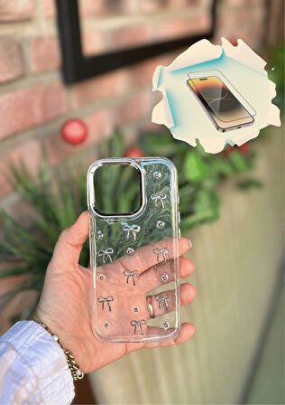 iPhone 16 Pro Uyumlu Fiyonk ve İncili Kaliteli Şeffaf Kılıf - Kırılmaz Cam Hediyeli