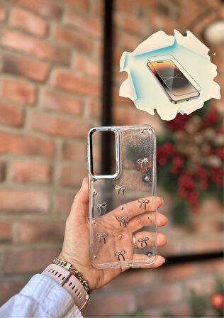 Samsung Galaxy A26 5G Uyumlu Fiyonk ve İncili Kaliteli Şeffaf Kılıf - Kırılmaz Cam Hediyeli