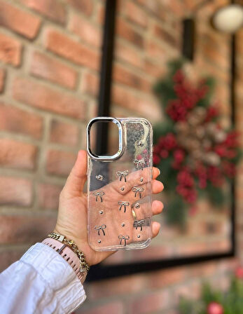iPhone 16 Uyumlu Fiyonk ve İncili Kaliteli Şeffaf Kılıf - Kırılmaz Cam Hediyeli