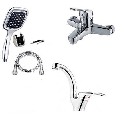 Moonshop 3'lü Set Banyo Bataryası Lavabo Bataryası Kare Duş Seti 5 Yıl Garanti