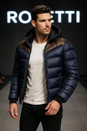  Erkek Kapşonlu Şişme Mont Lacivert