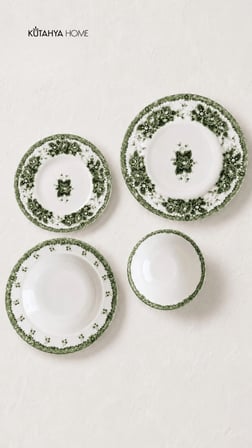 Green Romance 24 Parça Desenli Porselen Yemek Takımı – Şık Sofra Seti Yeşil Vintage