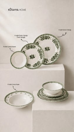 Green Romance 24 Parça Desenli Porselen Yemek Takımı – Şık Sofra Seti Yeşil Vintage