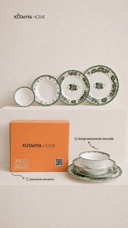 Green Romance 24 Parça Desenli Porselen Yemek Takımı – Şık Sofra Seti Yeşil Vintage