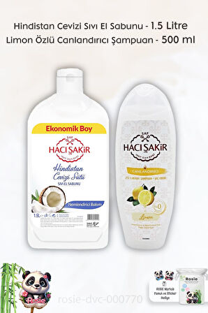 Hacı Şakir Hindistan Cevizi Sıvı El Sabunu 1500 ml, Limon 2si 1 Arada Şampuan 500 ml ve ROSIE