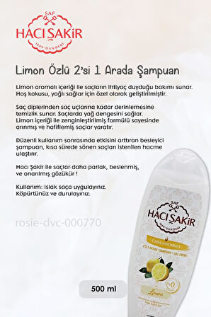 Hacı Şakir Hindistan Cevizi Sıvı El Sabunu 1500 ml, Limon 2si 1 Arada Şampuan 500 ml ve ROSIE