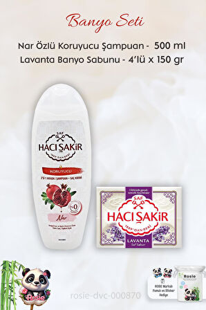 Hacı Şakir Nar 2si 1 Arada Şampuan 500 ml, Lavanta Kokulu Banyo Sabunu 4 x 150 gr ve ROSIE