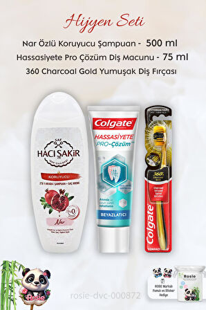 Colgate Hassasiyete Pro Çözüm 75 ml, 360 Charcoal Gold Diş Fırçası, H. Şakir Narlı Şampuan 500 ml ve ROSIE