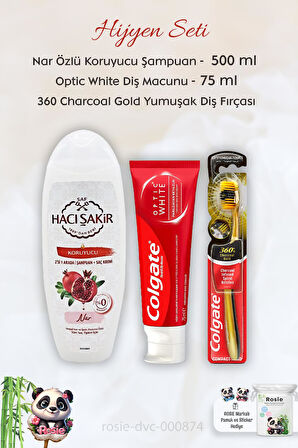 Colgate Optic White 50 ml Diş Macunu,  360 Charcoal Gold Diş Fırçası, H. Şakir Narlı Şampuan 500 ml ve ROSIE