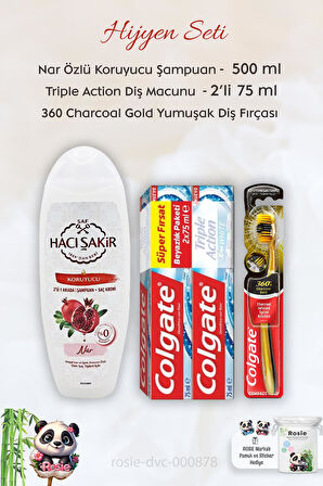 Colgate  Extra White Diş Macunu 2 x 75 ml,  360 Charcoal Gold Diş Fırçası, H. Şakir Narlı Şampuan 500 ml ve ROSIE