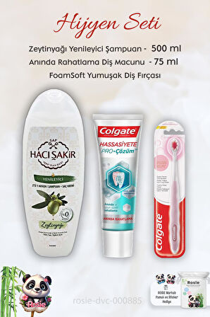 Colgate Hassasiyete Diş Macunu 75 ml, FoamSoft Diş Fırçası, H. Şakir Zeytinyağlı Şampuan 500 ml