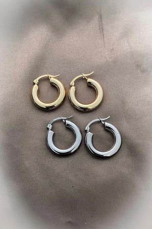 Çelik Kararmaz - 2 Çift Premium Bombeli Halka Küpe Oval Gold Altın Kalın Küpe Kadın Zincironline