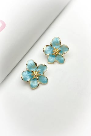 Mavi Çiçek Detay Gold Kaplama Küpe