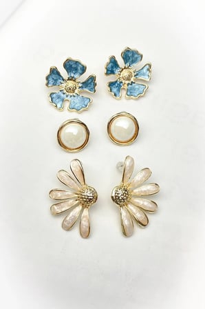 3 Adet Mavi Beyaz Figür Gold Kaplama Set Küpe