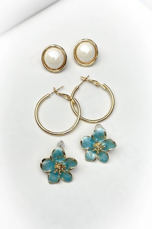 3 Adet Mavi Çiçek Gold Kaplama Set Küpe