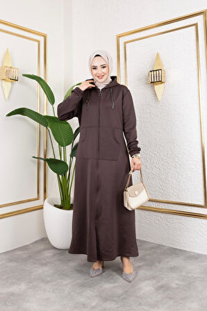 Kadın Cepli Kapüşonlu Zincir Detaylı Scuba Kumaş Kap