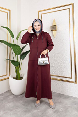 Kadın Cepli Kapüşonlu Zincir Detaylı Scuba Kumaş Kap