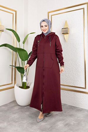 Kadın Cepli Kapüşonlu Zincir Detaylı Scuba Kumaş Kap