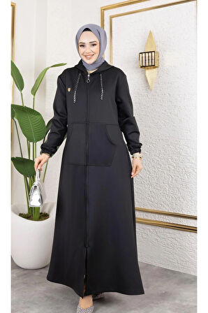 Kadın Cepli Kapüşonlu Zincir Detaylı Scuba Kumaş Kap