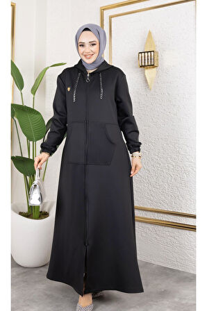 Kadın Cepli Kapüşonlu Zincir Detaylı Scuba Kumaş Kap