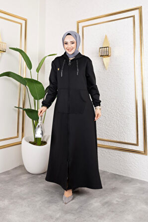 Kadın Cepli Kapüşonlu Zincir Detaylı Scuba Kumaş Kap