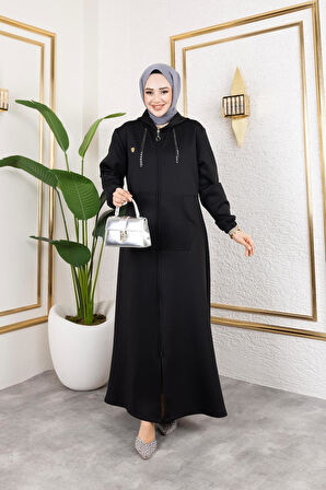 Kadın Cepli Kapüşonlu Zincir Detaylı Scuba Kumaş Kap