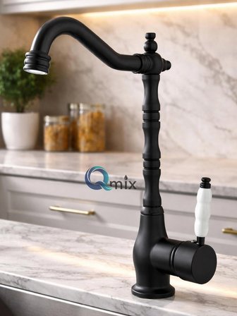 Siyah Rustik Retro Model Porselen Kol Lüx Mutfak Eviye Bataryası Komple Pirinç Malzeme