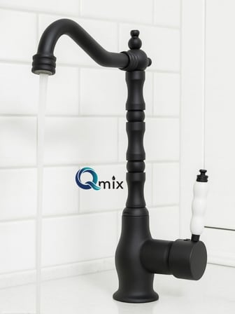 Siyah Rustik Retro Model Porselen Kol Lüx Mutfak Eviye Bataryası Komple Pirinç Malzeme
