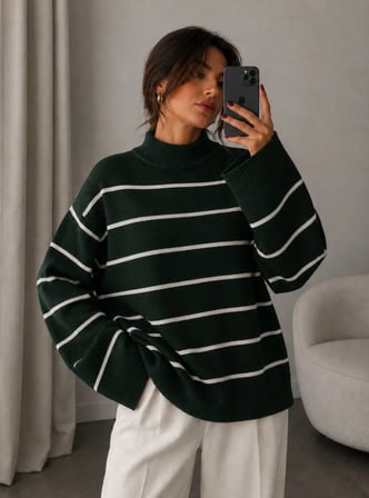 Kadın Salaş Çizgili Triko Kazak Oversize Modern ve Şık Kışlık
