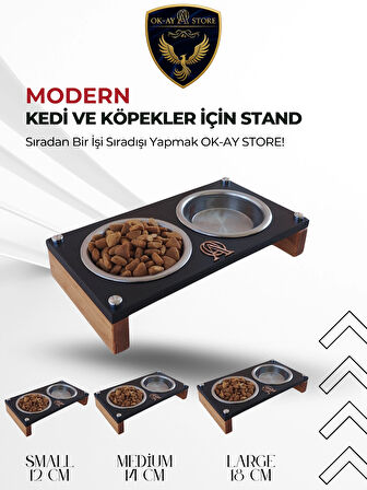 Paslanmaz Çelik Kaseli Kedi Köpek Mama ve Su Kabı Standı – Ahşap Gövde, Kaymaz Tabanlı (Small)