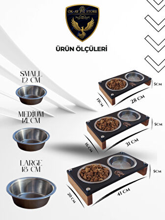 Paslanmaz Çelik Kaseli Kedi Köpek Mama ve Su Kabı Standı – Ahşap Gövde, Kaymaz Tabanlı (Small)