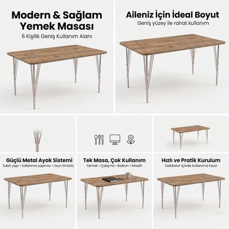 Modern Ahşap Desenli 6 Kişilik Yemek Masası 119x89 cm – Sabit Metal Ayaklı Sağlam Mutfak Masası, Çalışma Masası, Balkon Masası