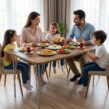 Modern Ahşap Desenli 6 Kişilik Yemek Masası 119x89 cm – Sabit Metal Ayaklı Sağlam Mutfak Masası, Çalışma Masası, Balkon Masası