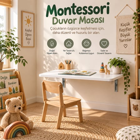 Montessori Masa 90x50 cm Katlanabilir Duvar Masası Çocuk Çalışma Oyun ve Aktivite Masası Beyaz