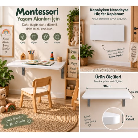 Montessori Masa 90x50 cm Katlanabilir Duvar Masası Çocuk Çalışma Oyun ve Aktivite Masası Beyaz
