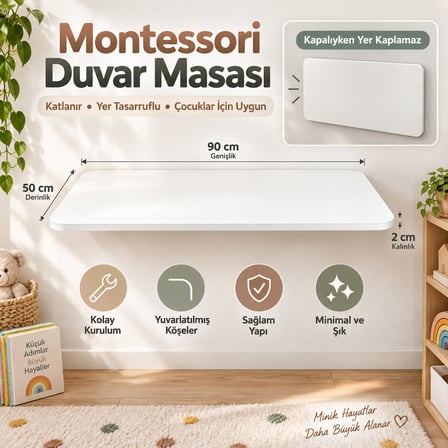 Montessori Masa 90x50 cm Katlanabilir Duvar Masası Çocuk Çalışma Oyun ve Aktivite Masası Beyaz