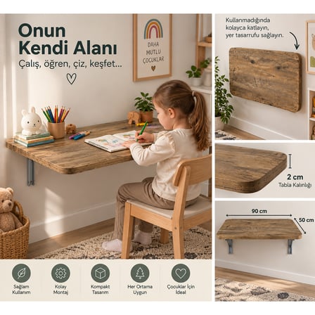 Montessori Masa 90x50 cm Katlanabilir Duvar Masası Çocuk Çalışma ve Aktivite Masası Ceviz Renk Sunta Tabla